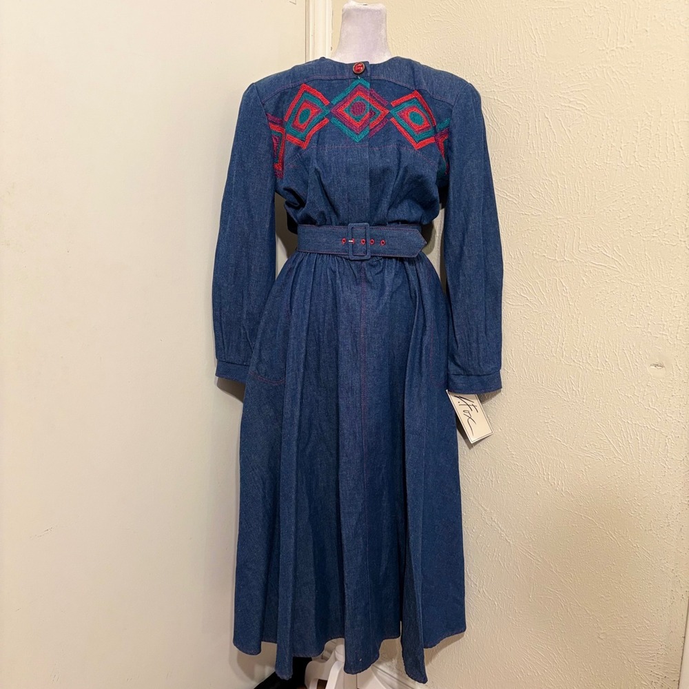 NWT Vintage 80s L Fox Denim Shirt Dress Embroidered Western Belted Retro Size 10